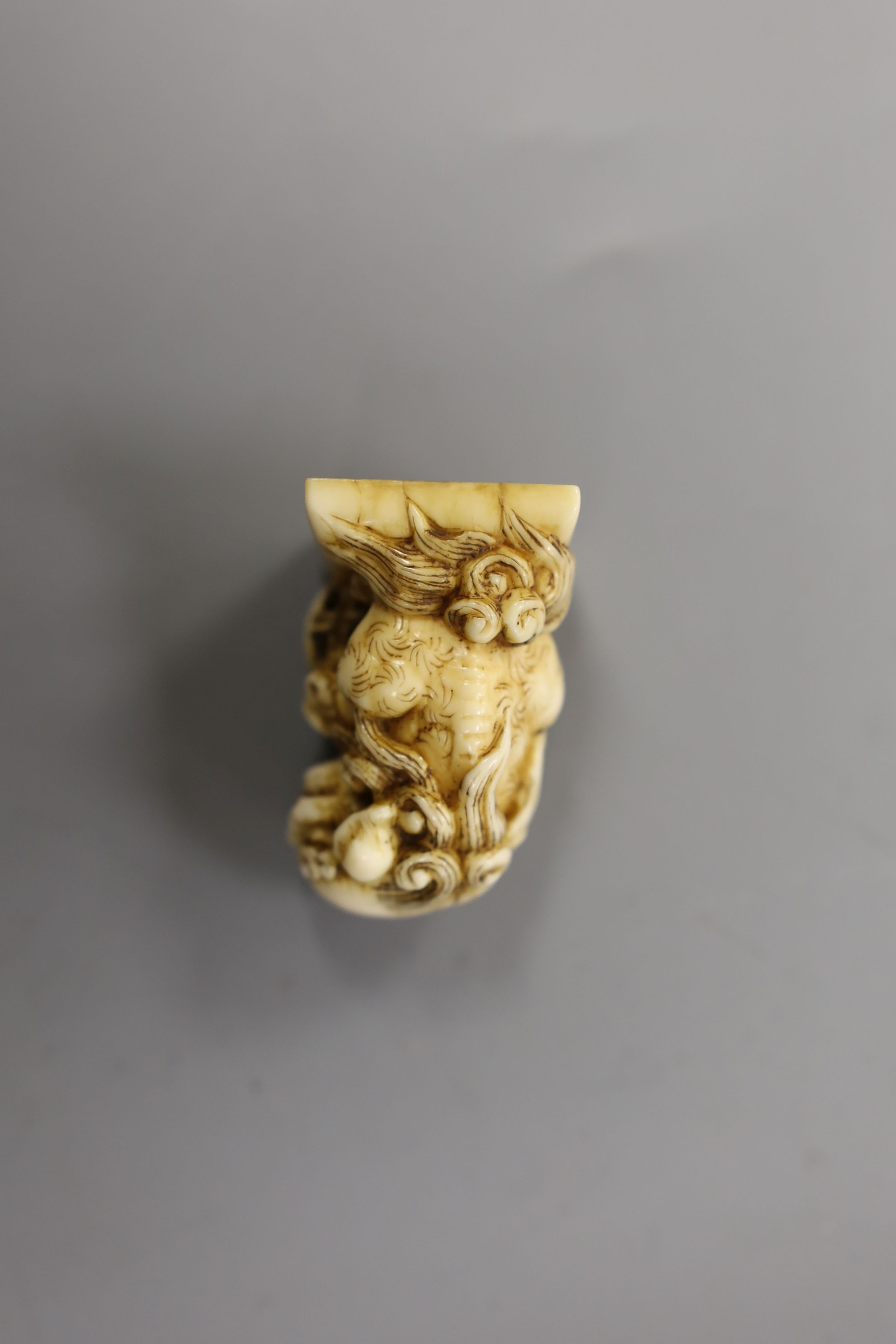 A Chinese or Japanese ivory lion dog 18th/19th century and a Chinese carved nut cup, 19th century. 4cm